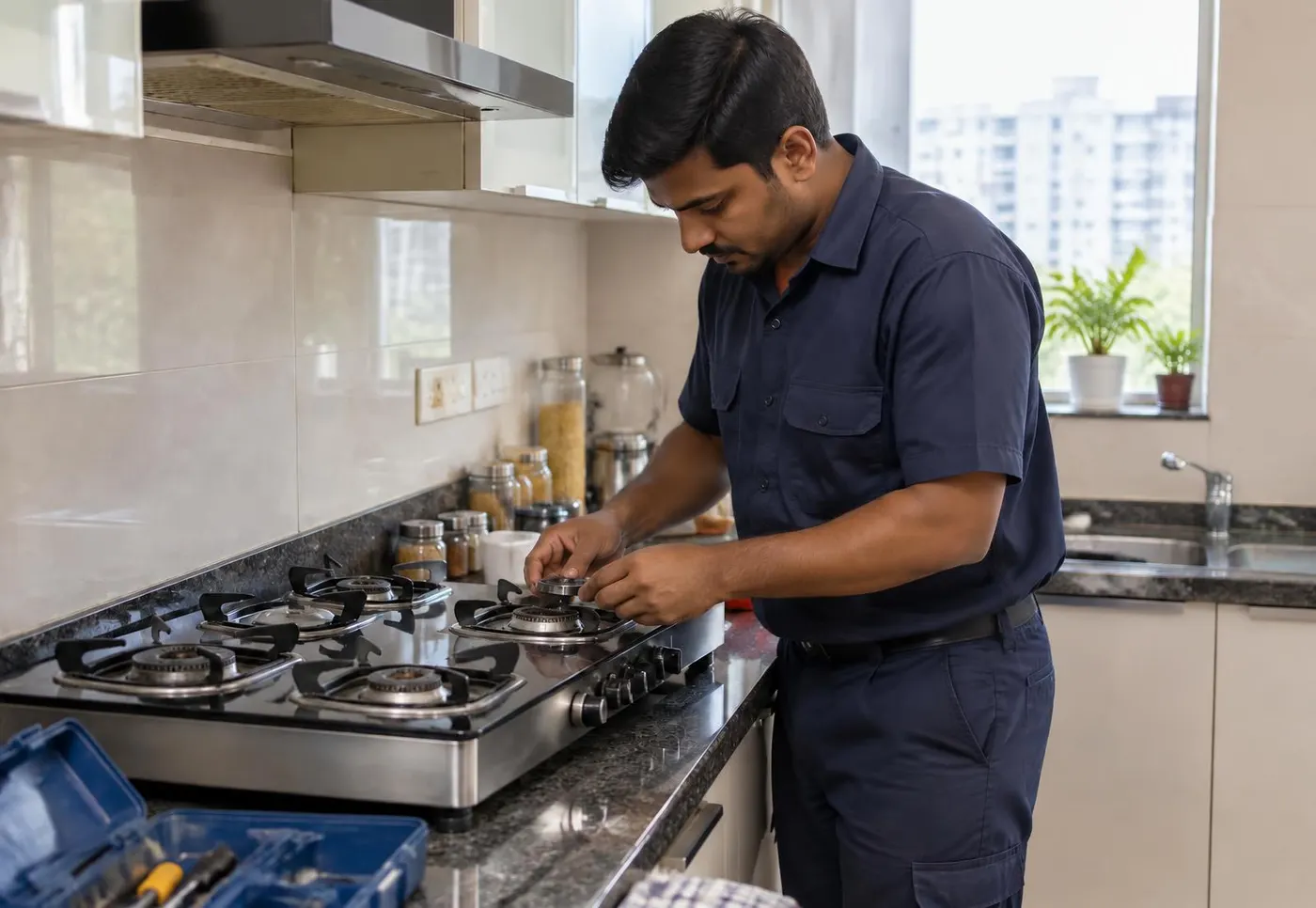 Technician repairing a gas stove burner in an Indian apartment kitchen in Pune